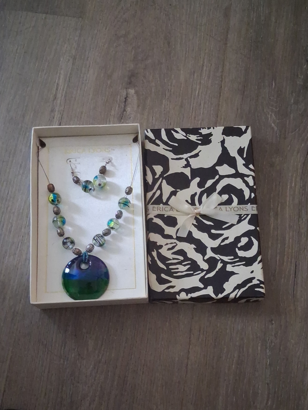 Erica Lyons Blue and Green Glass Pendant Necklace Set